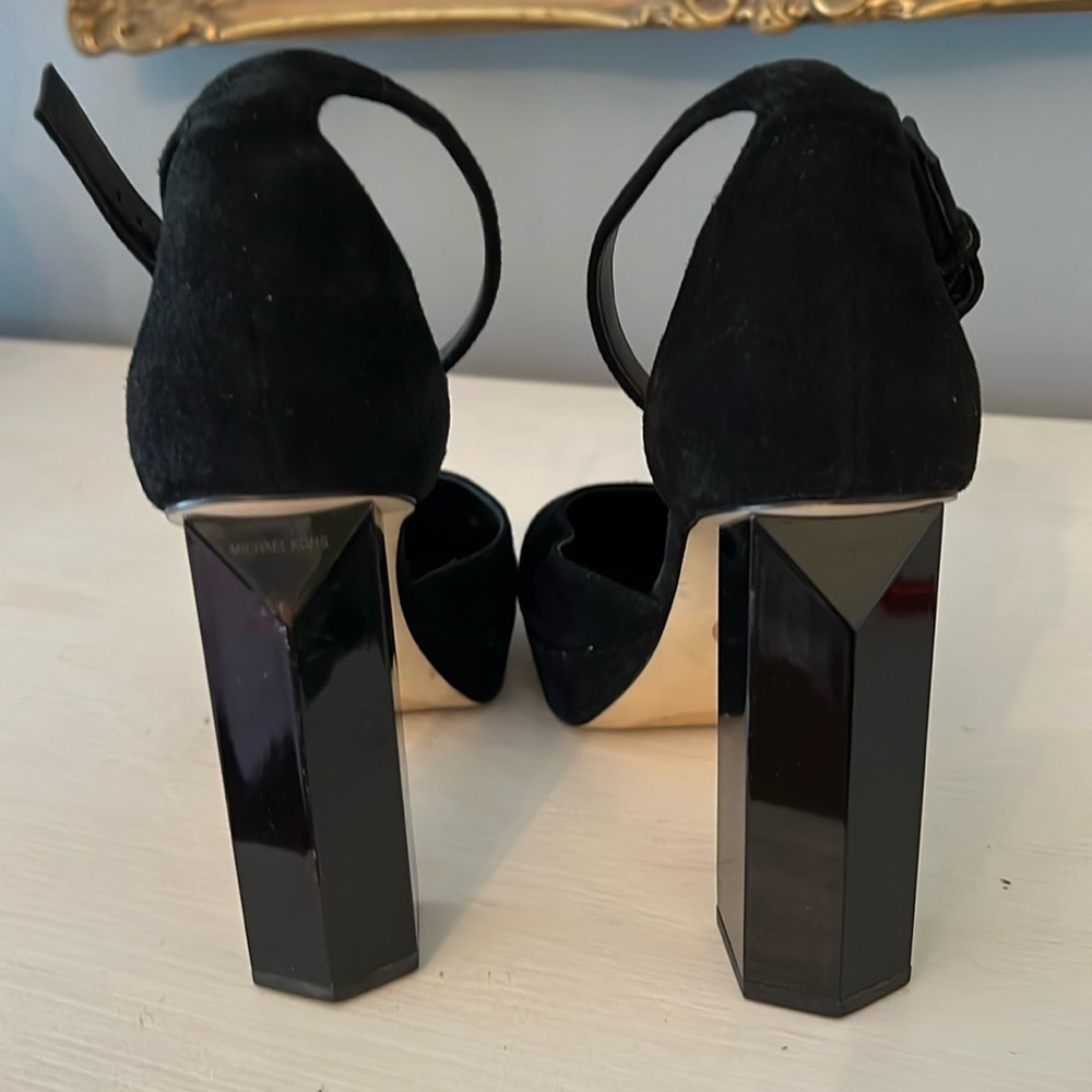 Michael Michael Kors Black Suede Ankle Strap Platforms Architectural Heels 7 - Picture 2 of 11